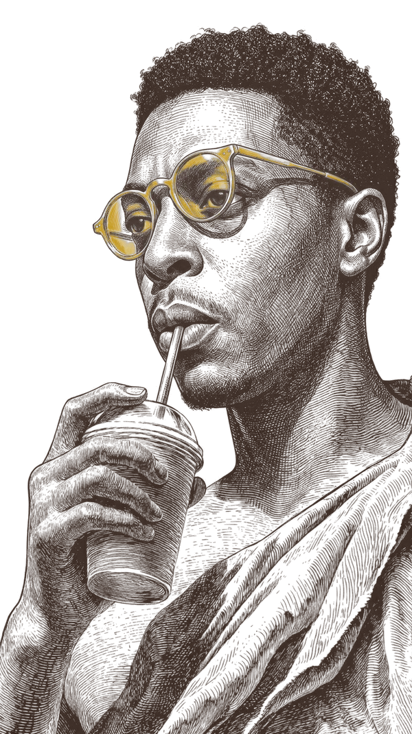 Engraved portrait of a man sipping a drink through a straw