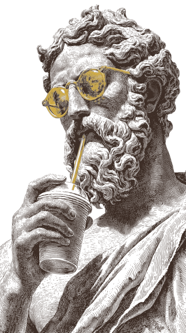 Engraved statue sipping a drink through a straw